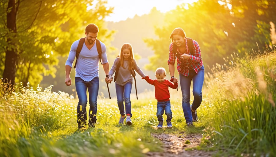 Happy family enjoying outdoor physical activities together, supporting optimal biological growth