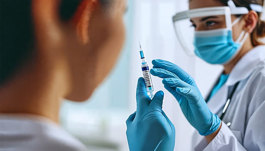 Nurse giving a Covid-19 vaccine shot to a patient's arm