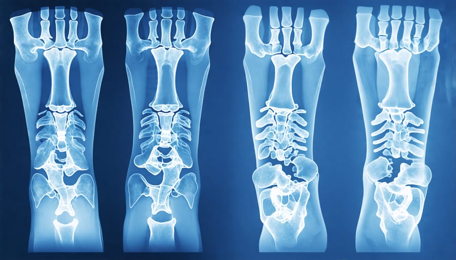 Side-by-side X-ray comparison of healthy bones and brittle bones affected by OI