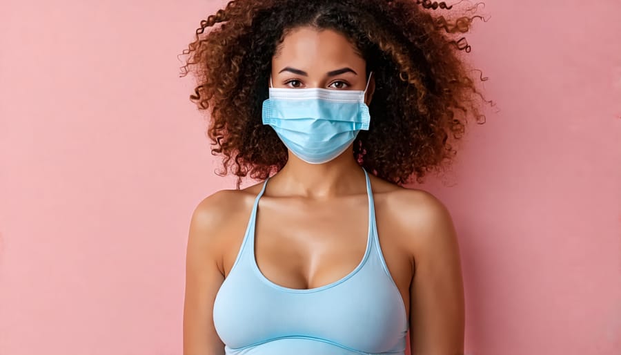 Pregnant woman taking COVID-19 precautions by wearing a face mask