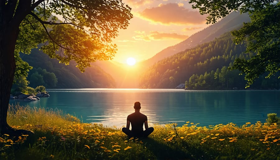 Relaxed individual practicing deep breathing exercises in nature