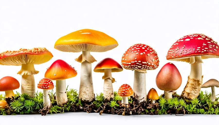 A variety of mushrooms including white button, shiitake, and portobello on a wooden surface