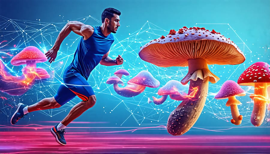 Illustrative scene of an athlete sprinting with mushrooms transforming into energy symbols