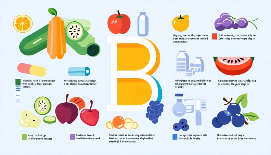 Infographic illustrating the various B vitamins and their food sources