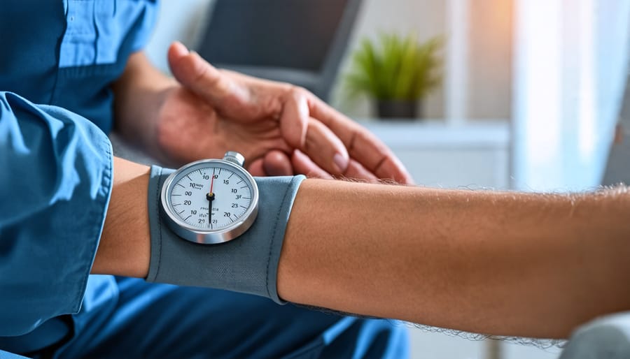 Doctor measuring blood pressure of a male patient in his 20s or 30s