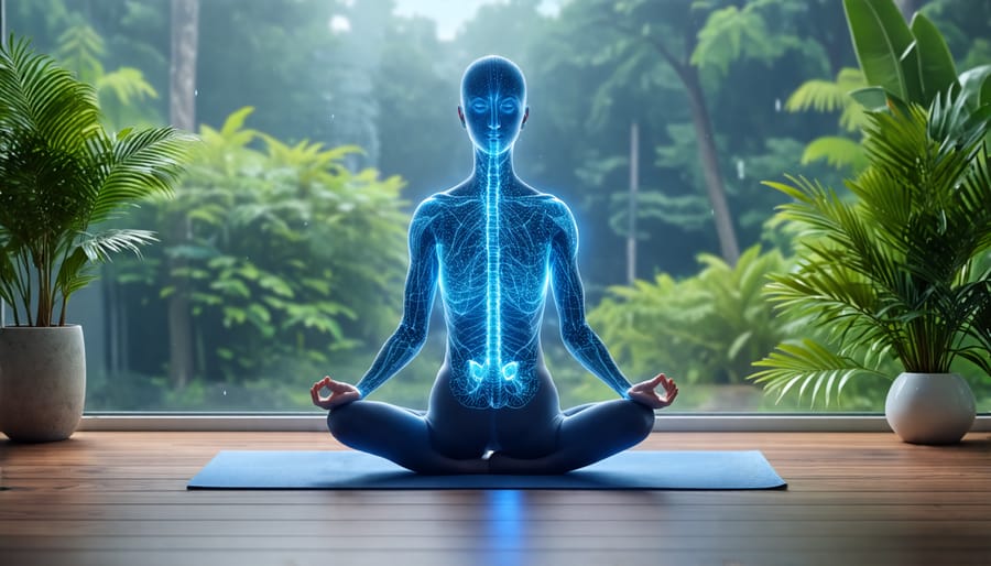 Person lying on a yoga mat engaging in body scan meditation to relieve stress