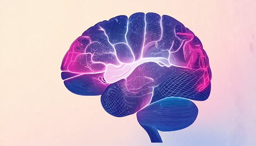 Diagram of a brain with highlighted regions affected by Alzheimer's Disease