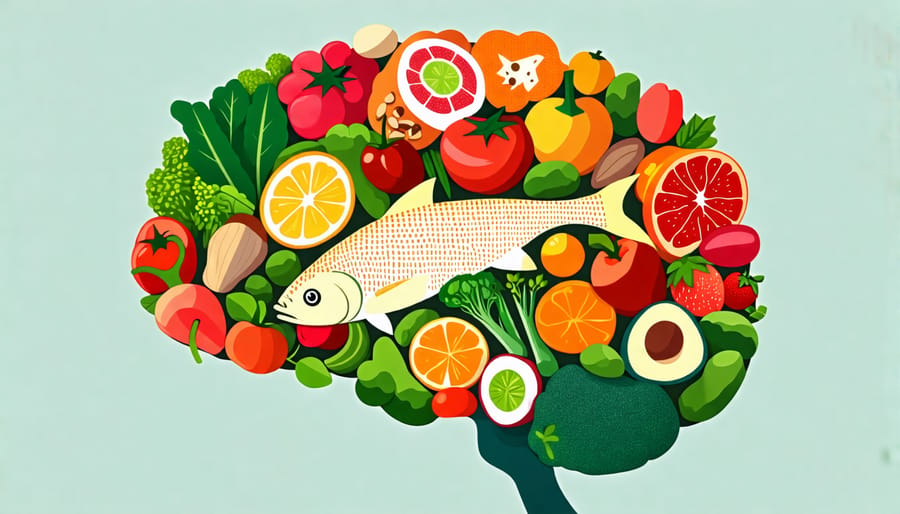 Brain-healthy foods arranged in the shape of a human brain