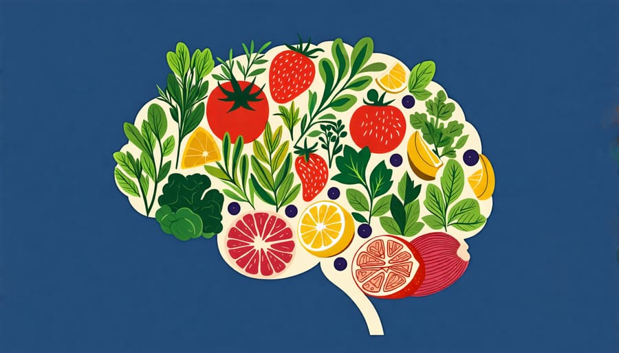 Conceptual illustration of a brain made up of healthy plant-based foods