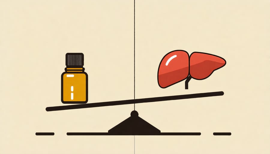 A scale balancing CBD oil and a liver, symbolizing the balance of benefits and risks