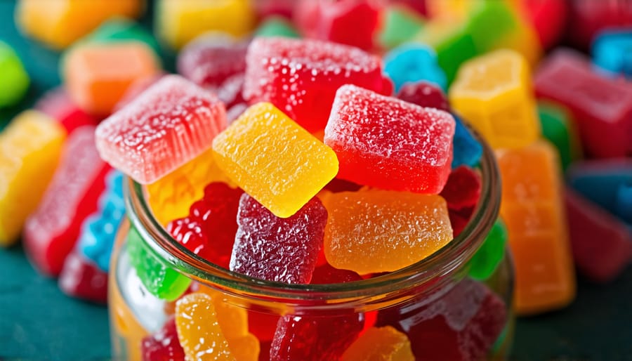 Various colorful THC gummies inside a glass jar