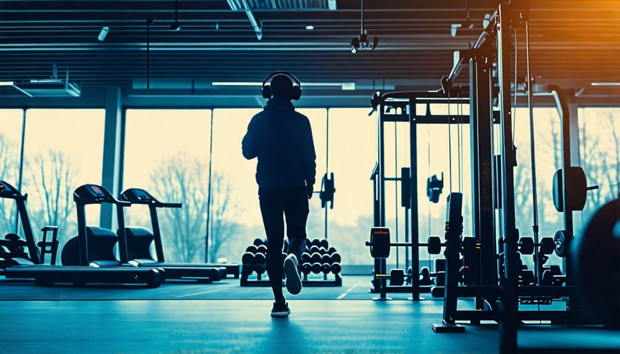 A person walking into a gym confidently with headphones on, ready for workout