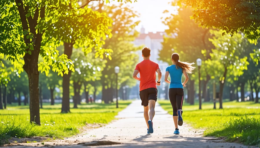 A couple jogging in a park, symbolizing the importance of exercise and fitness in maintaining health