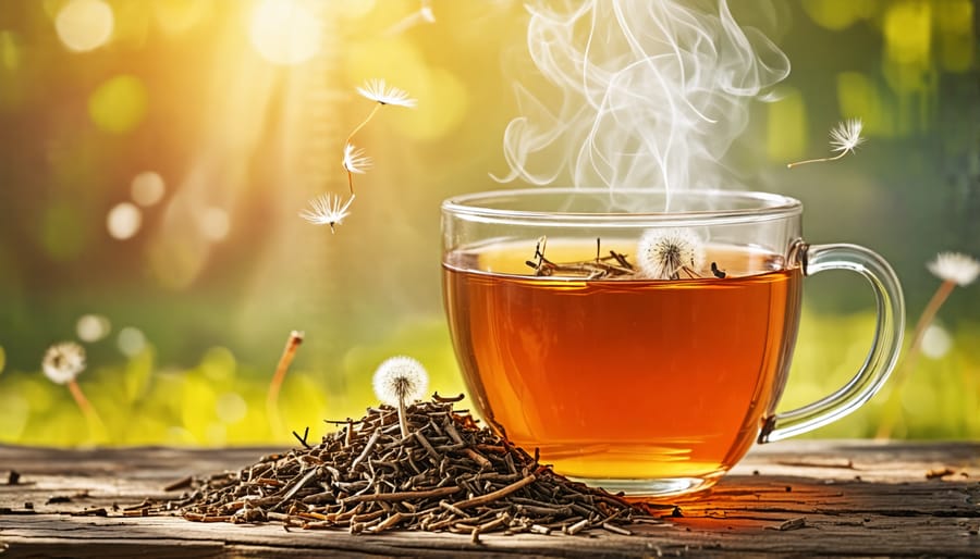 Mug of hot dandelion root tea with dried roots