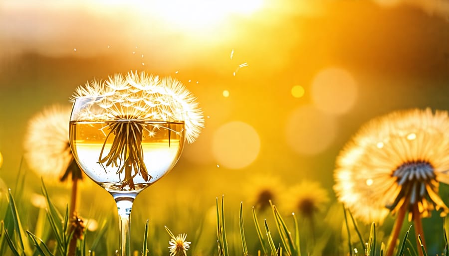 Glass of homemade dandelion wine with a fresh dandelion flower