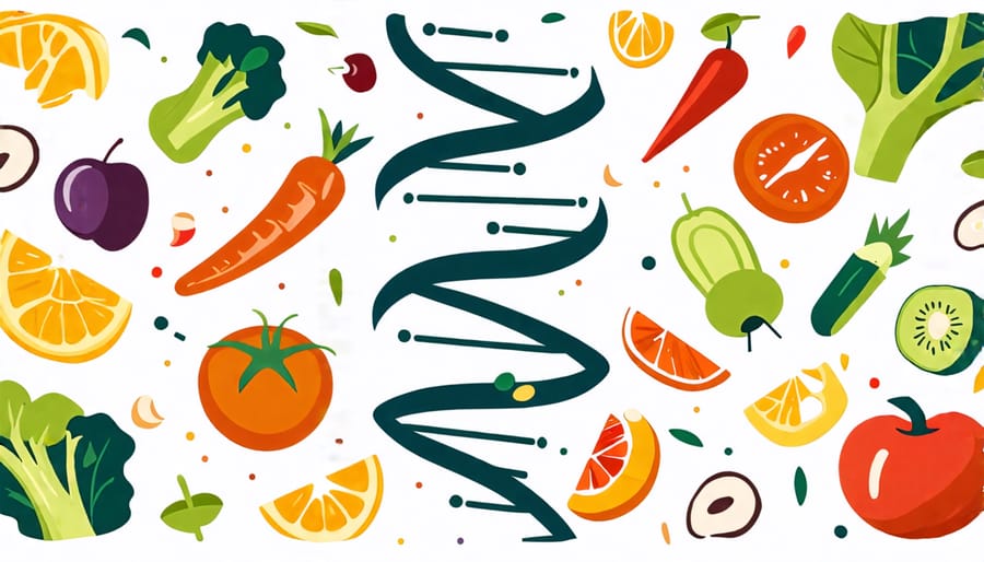 DNA helix surrounded by various food items symbolizing the influence of genetics in personalized nutrition