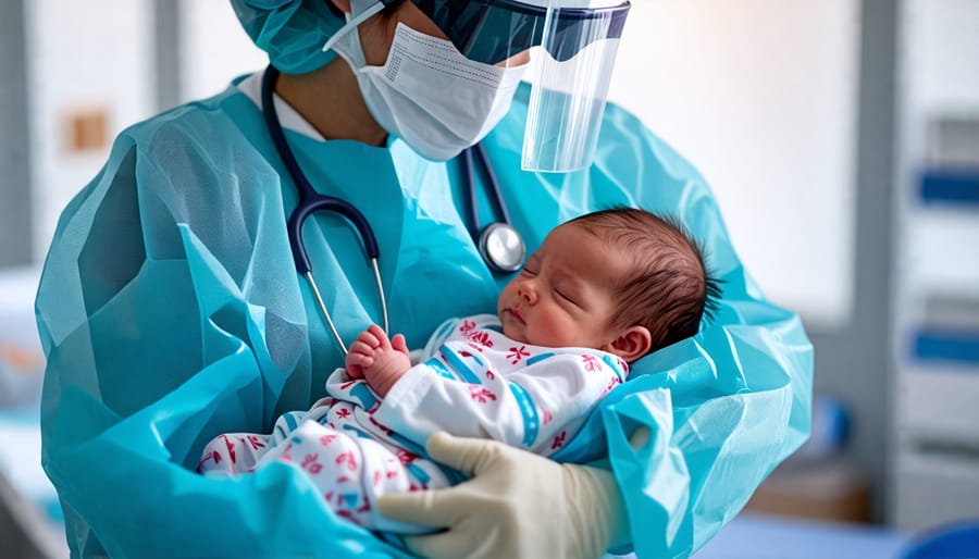 Doctor in PPE holding newborn to illustrate safety precautions during check-ups