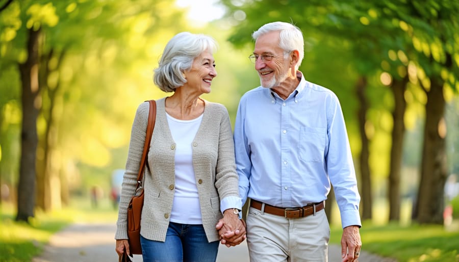 Elderly couple staying physically active by walking outdoors