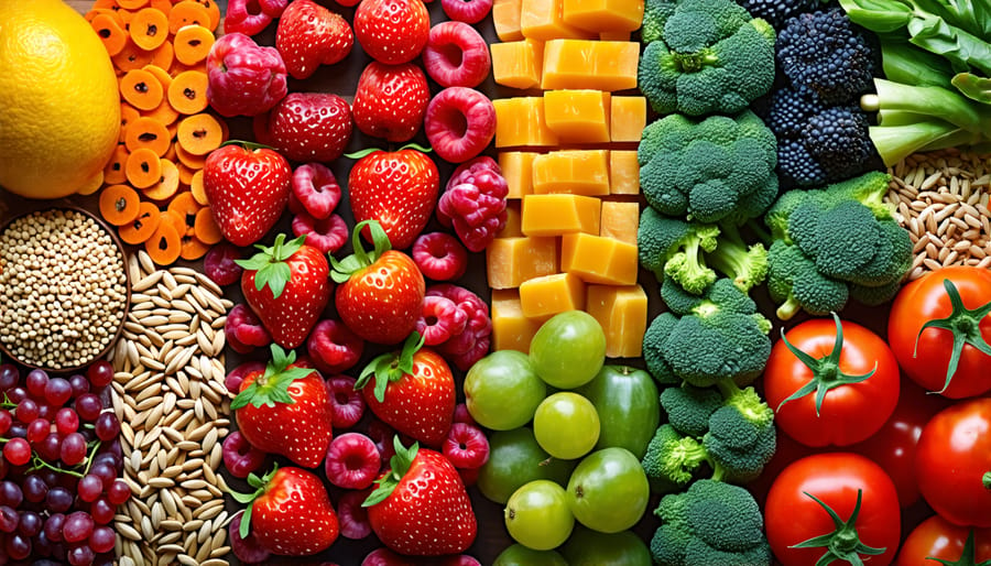 A variety of fiber-rich foods such as berries, leafy greens, and whole grains