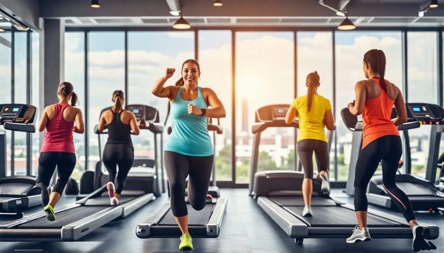 Diverse group participating in a group fitness class at a gym