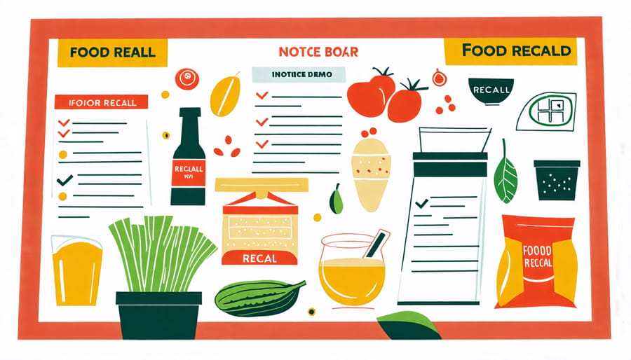 A food recall notice board showing various recalled items and brand names