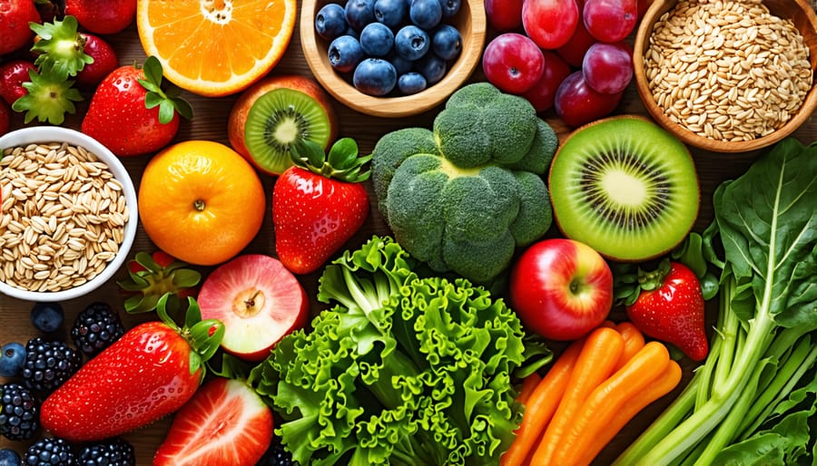 A display of various fruits, vegetables, and grains promoting a healthy diet