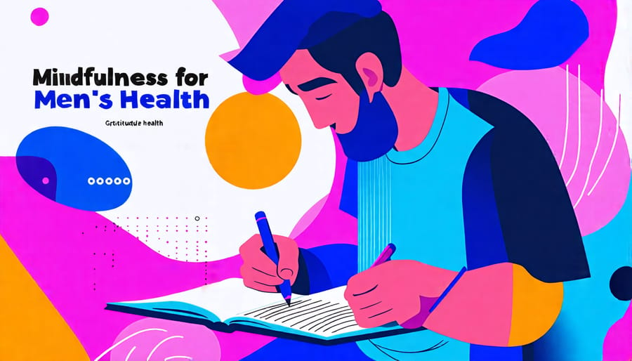 Cartoon of a man writing in a gratitude journal, highlighting mindfulness practices in men's health