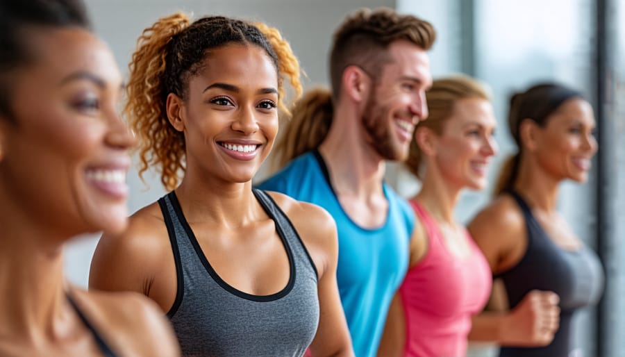 Happy diverse group participating in a social fitness activity