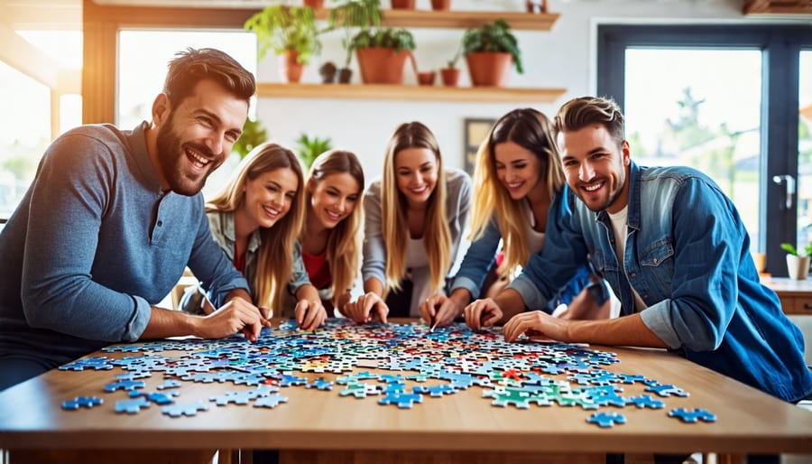 A group of people collaborating on solving a jigsaw puzzle challenge