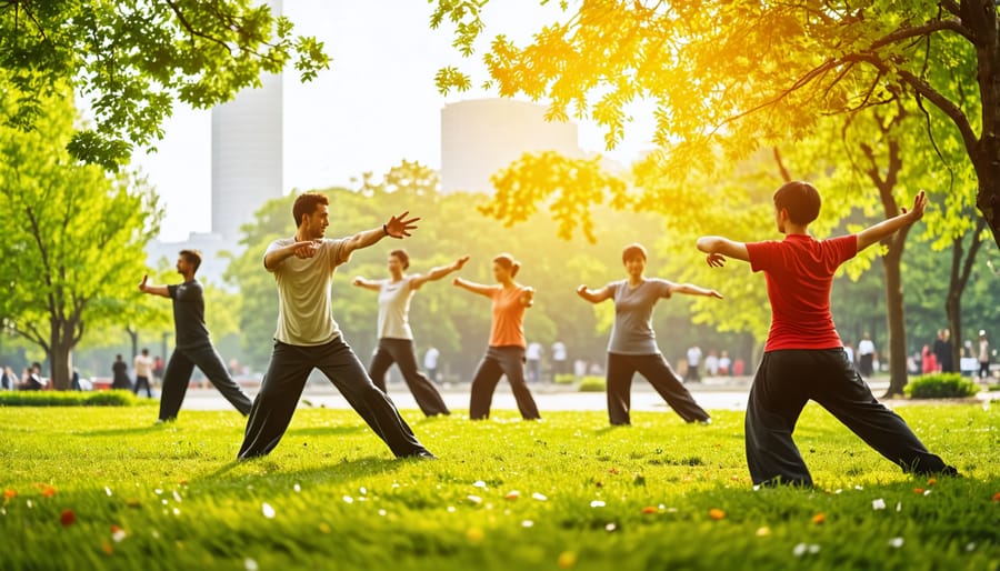 Diverse group performing Tai Chi movements together outdoors