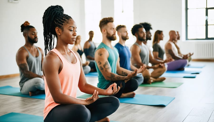 Diverse yoga class demonstrating unity and wellness