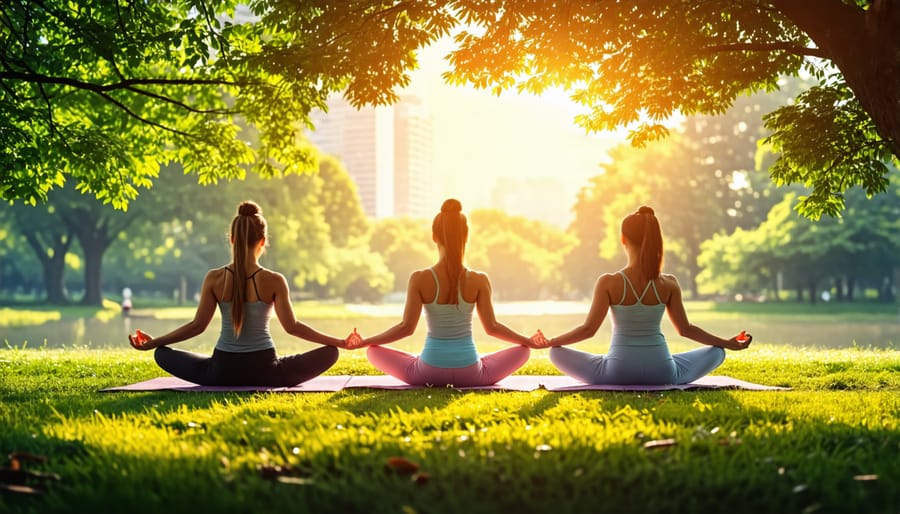 People performing yoga poses in a peaceful park setting, highlighting mind-body practices