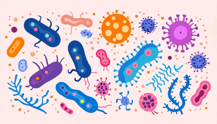 Visualization of the gut microbiome showing different types of bacteria and microorganisms