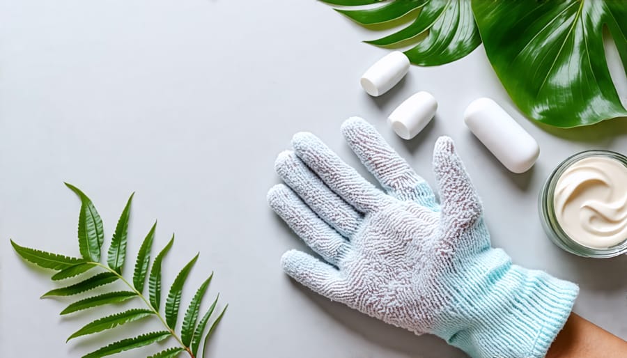 Hands with exfoliating gloves holding skincare products