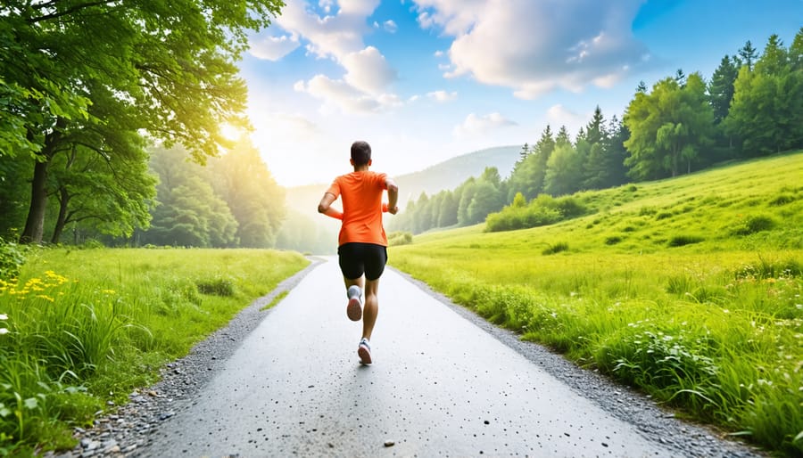 Jogger exercising in nature looking relaxed and content