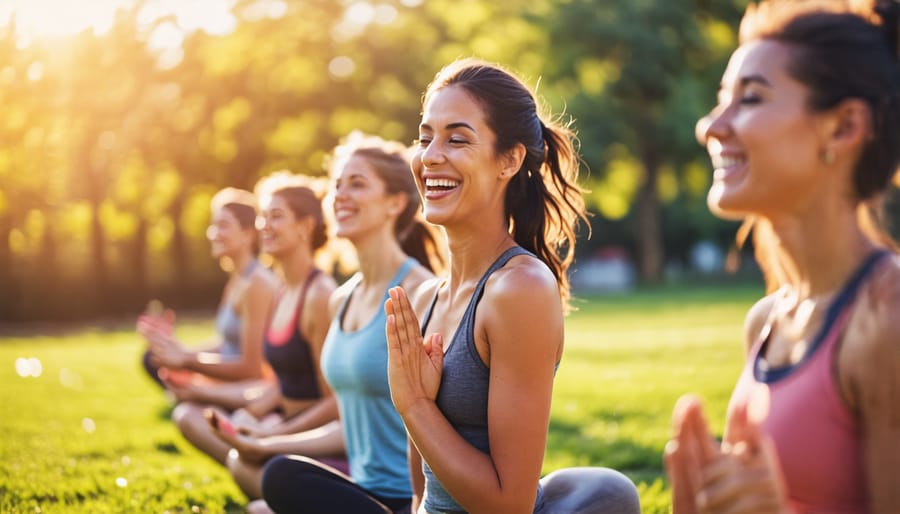 A joyful group participating in laughter yoga outdoors surrounded by nature