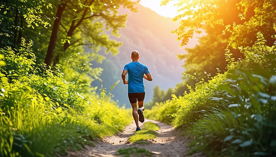 Man exercising by jogging outdoors in nature