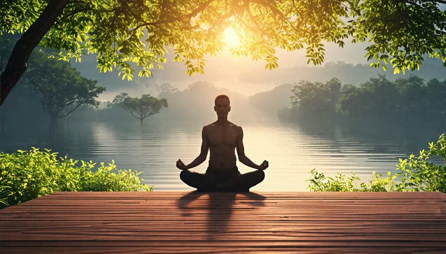 Individual practicing meditation in a tranquil setting for mental recovery