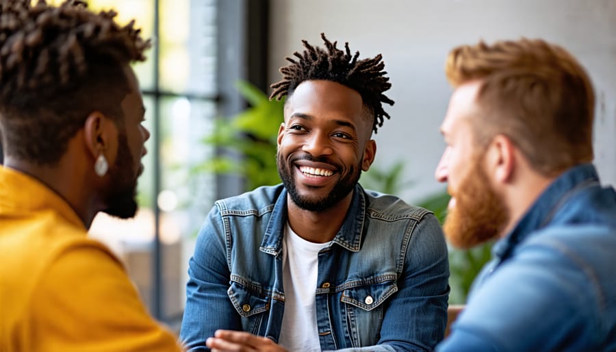 Men engaging in a supportive conversation about mental health