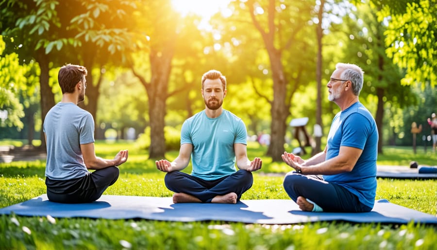 Men engaging in mindfulness exercises together in an outdoor environment