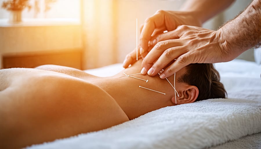 A male patient lying on a table receiving acupuncture needles in his back