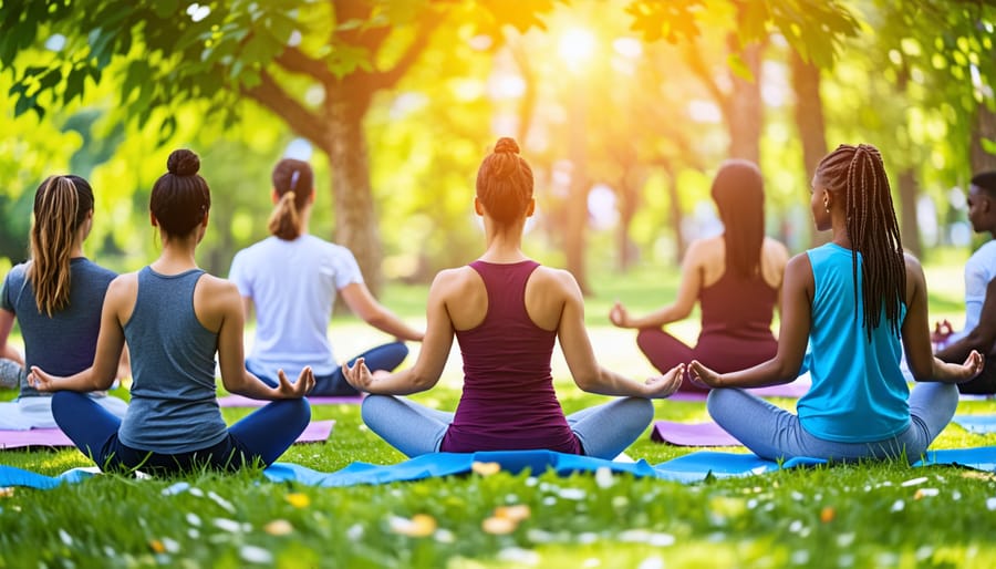 Diverse group practicing mindfulness with activities such as meditation and yoga outdoors