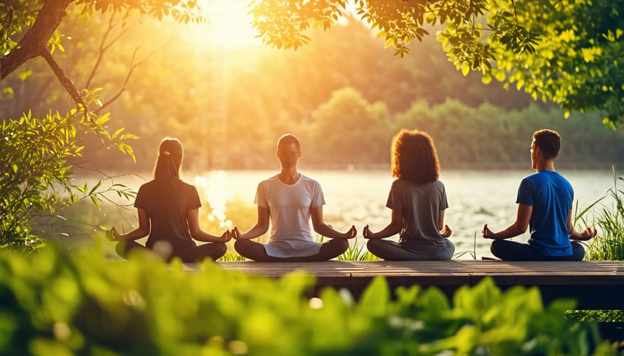 Individuals practicing mindfulness and meditation as a group outdoors