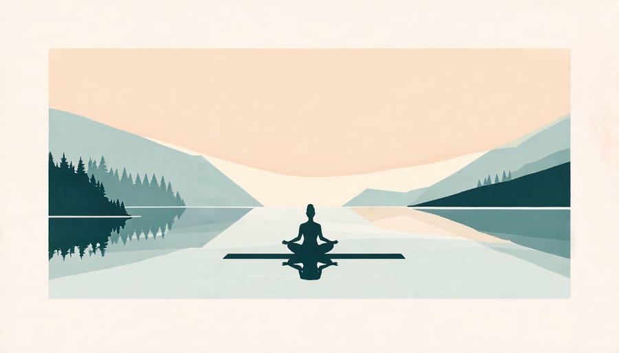 A person meditating peacefully by a tranquil lake, symbolizing mindfulness practice