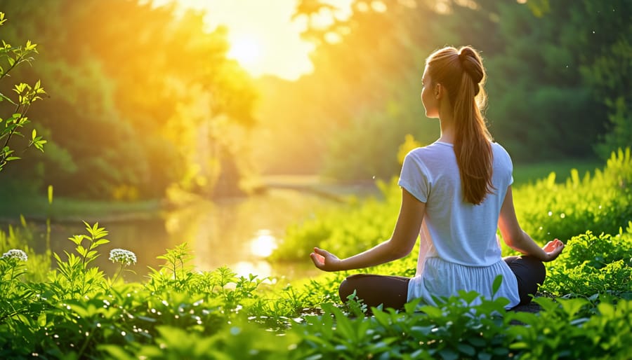 Woman practicing mindfulness meditation in a calming natural environment