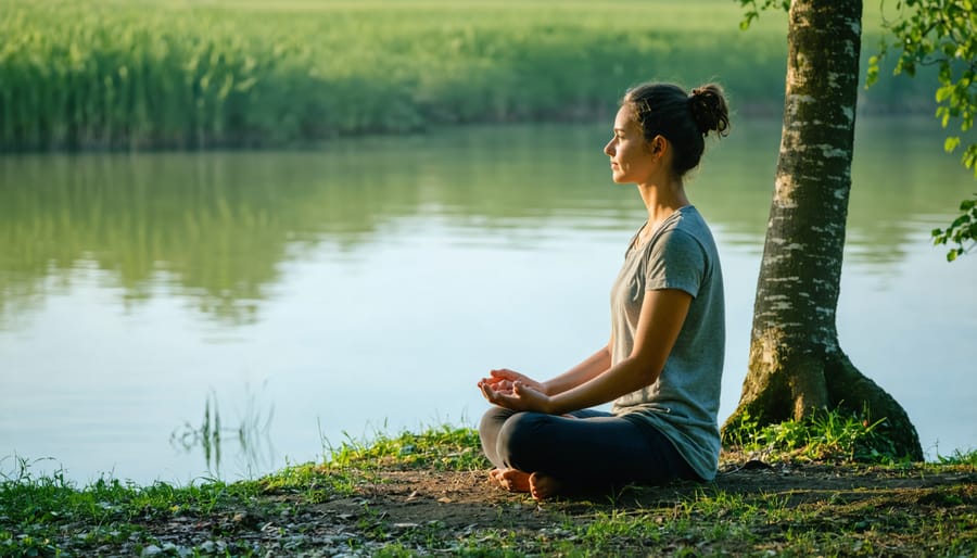 Person meditating outdoors in a serene natural environment