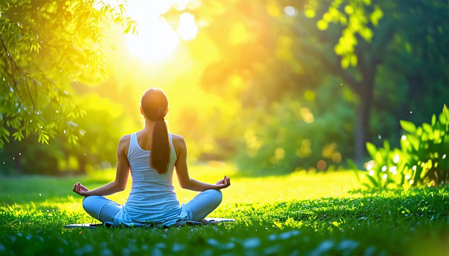 Woman practicing mindfulness meditation in nature for stress reduction