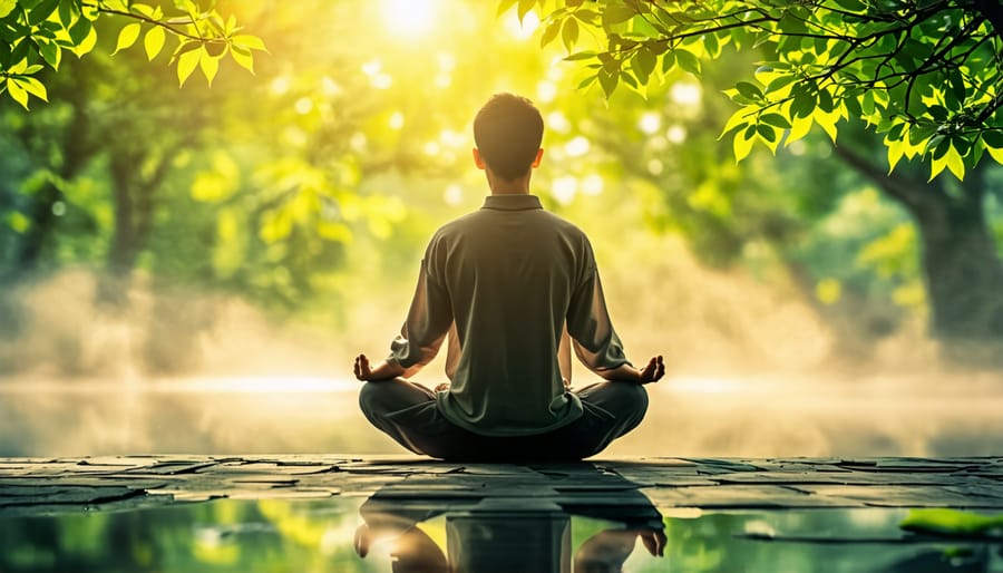 Person practicing mindfulness and meditation in a serene environment