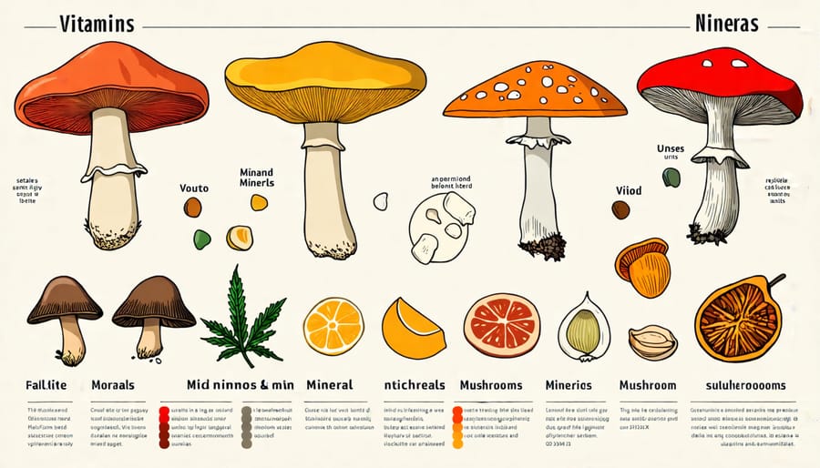 Infographic detailing the vitamins and minerals such as B-vitamins and selenium found in mushrooms