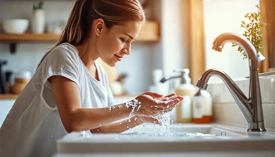 New mother demonstrating proper hand washing technique to prevent COVID-19 spread